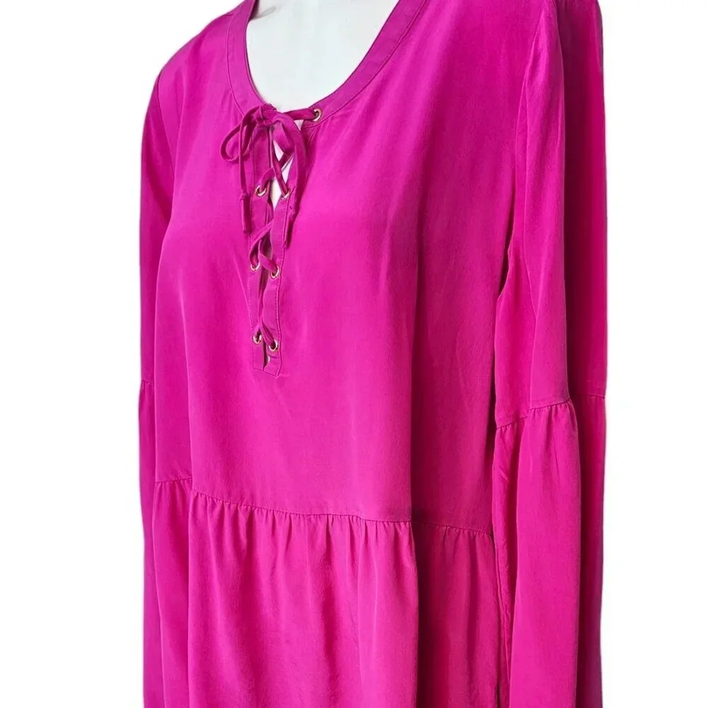 Lilly Pulitzer 100% Silk Tie Front Lace Up Blouse Pink  Size Medium Bell Sleeve - Picture 5 of 9